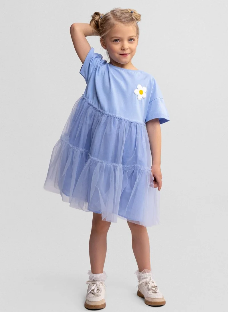MINOTI Girls jersey dress blue layered tulle crochet flower